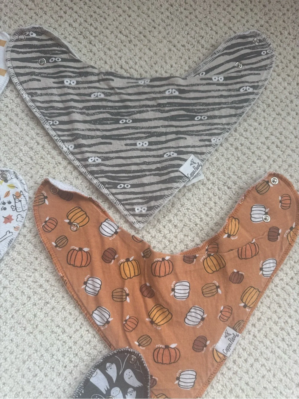 Copper Pearl— Halloween Bandana Bib Set for Kids - Orange, Gray, White Patterns